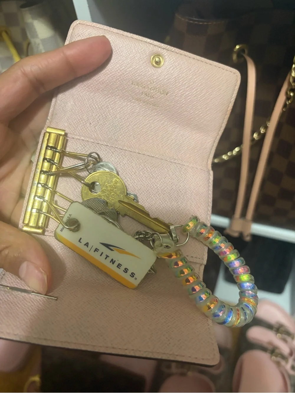 Louis Vuitton Brown Monogram Card Holder with Pink Snap 6 ring